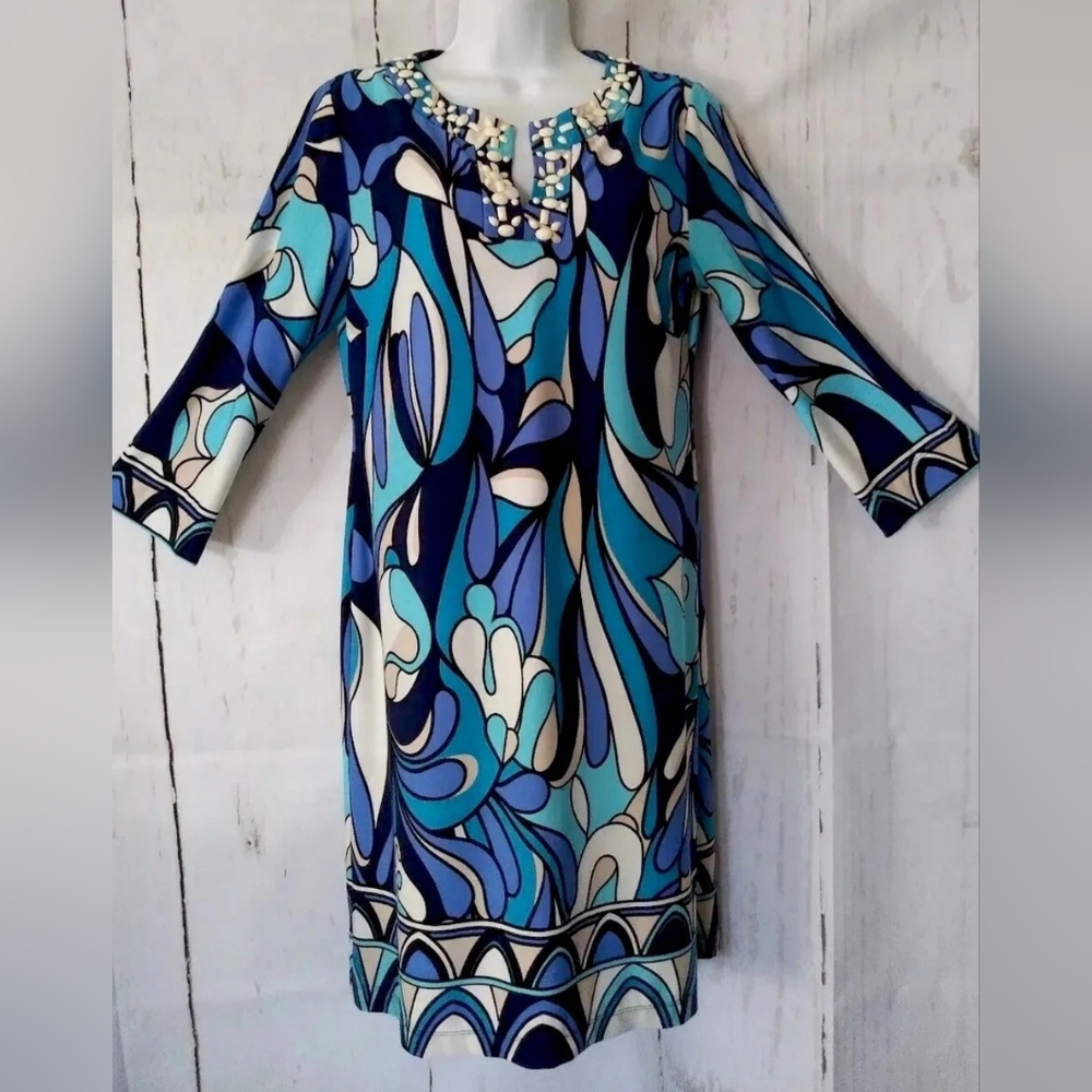 NWOT Chico's Dress Stretch Jersey Knit Artsy Geo Printed Beaded Neckline SIZE:1